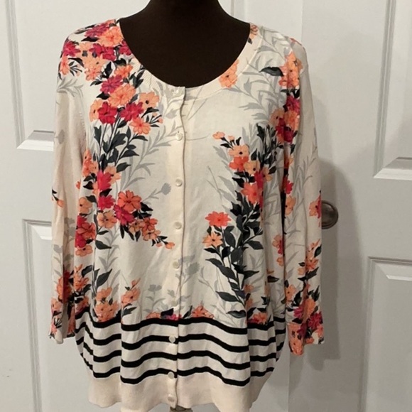 Talbots Woman’s Petites Floral Orange Cream Cotton Blend Cardigan Size 3XP - Picture 1 of 10